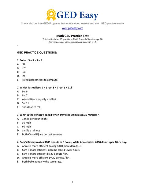 ged practice math test printable